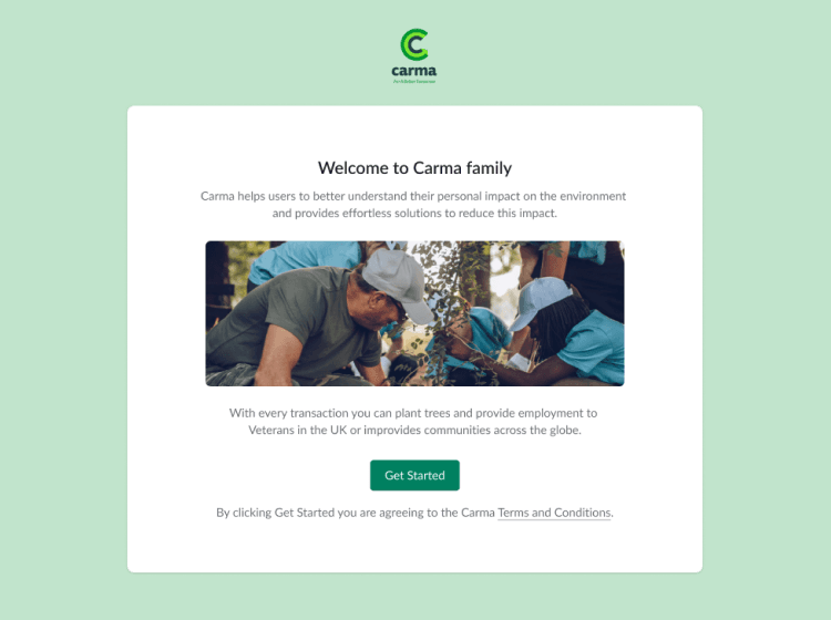 Carma climate platform welcome screen